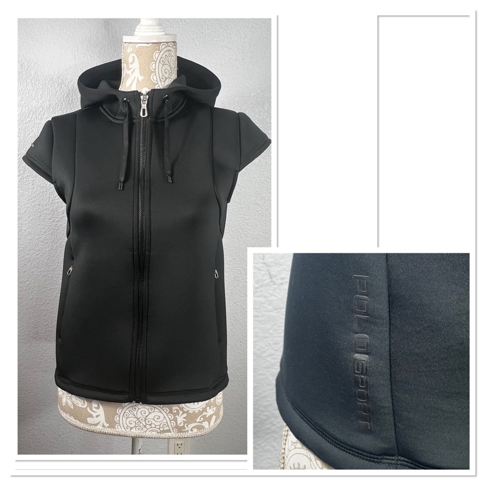 Polo Sport Ralph Lauren Black Boxy Cap Sleeve Thermal Hoodie Vest Sz S
